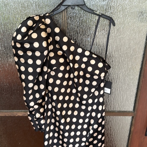 NEW IEENA MAC DUGGAL One Shoulder Polka Dot‎ MIDI DRESS Size 8 $398  PUFF SLEEVE - Picture 6 of 9